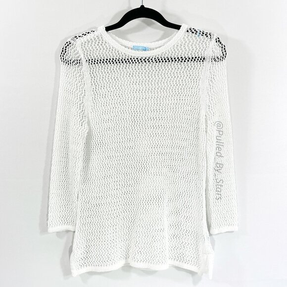 J. McLAUGHLIN White 3/4-Sleeve Open Knit Pullover Sweater Top - Size M - EUC - Picture 1 of 5